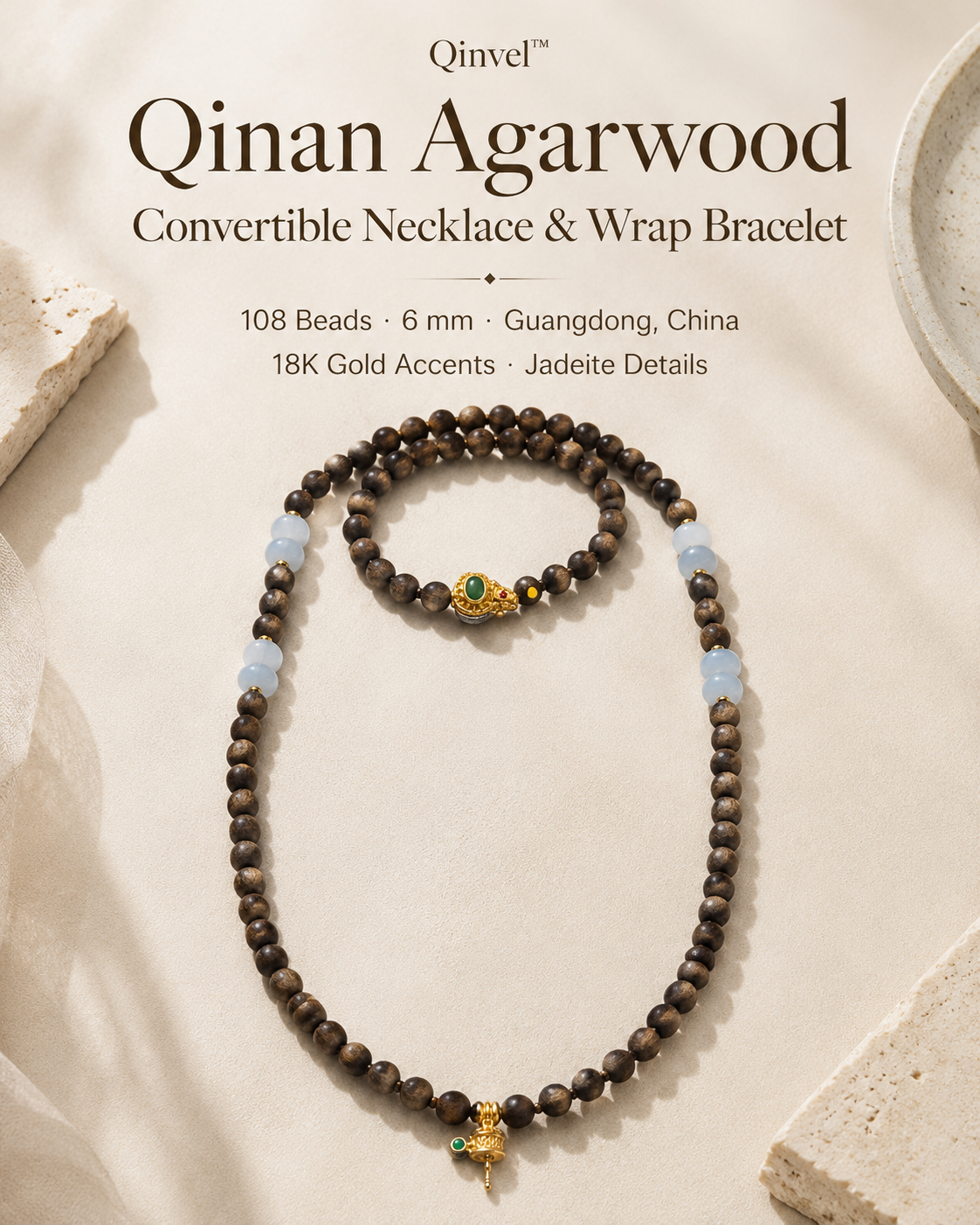 Qinvel™ Qinan Agarwood 108-Bead Convertible Necklace & Wrap Bracelet with Jadeite & 18K Gold Accents
