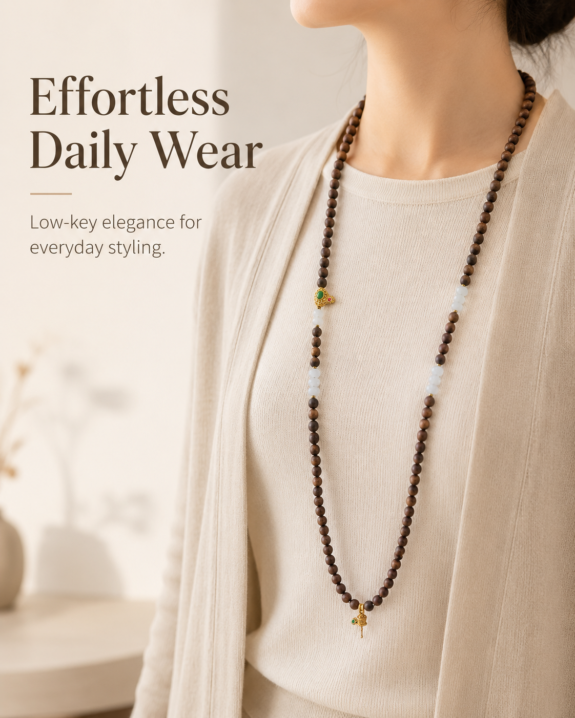 Qinvel™ Qinan Agarwood 108-Bead Convertible Necklace & Wrap Bracelet with Jadeite & 18K Gold Accents