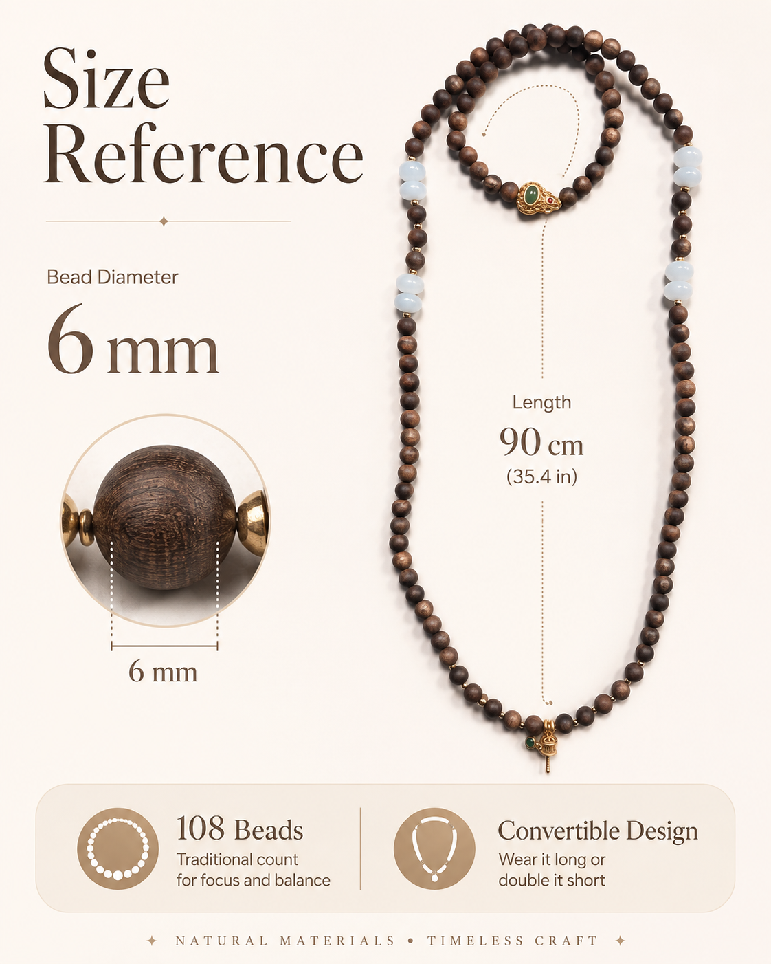 Qinvel™ Qinan Agarwood 108-Bead Convertible Necklace & Wrap Bracelet with Jadeite & 18K Gold Accents