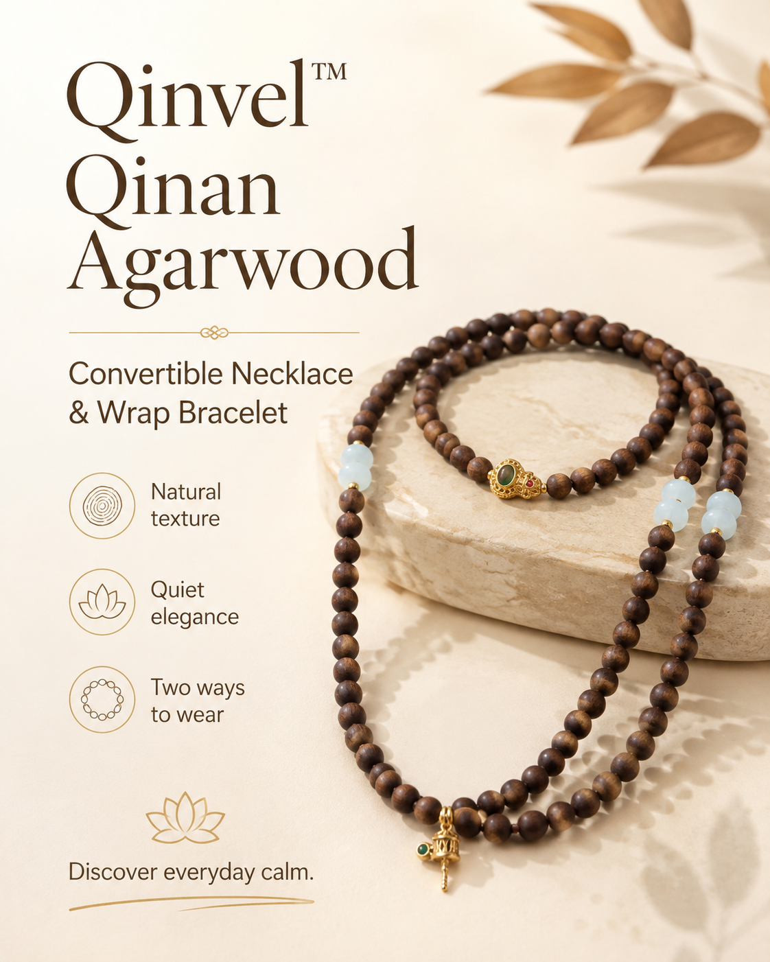 Qinvel™ Qinan Agarwood 108-Bead Convertible Necklace & Wrap Bracelet with Jadeite & 18K Gold Accents