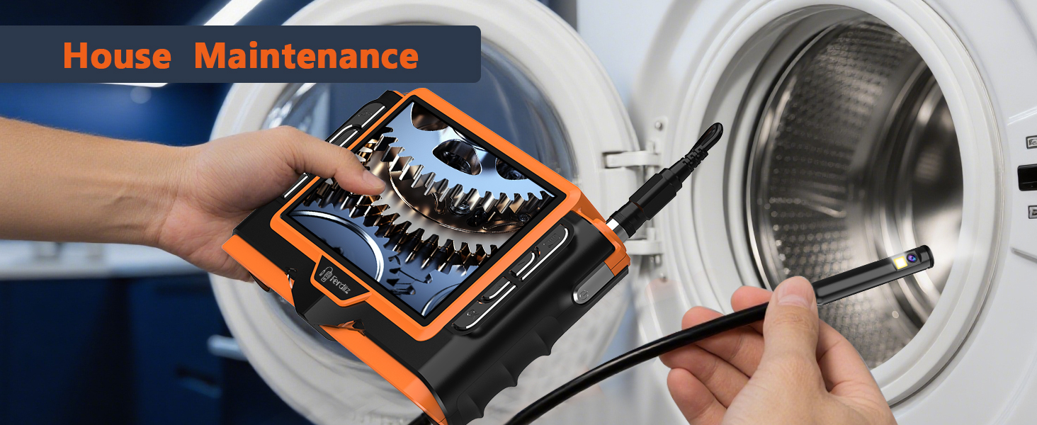 Text reads 'House Maintenance'. Image shows closeup shots of different maintenance activities being performed on what appears to be washing machine parts.