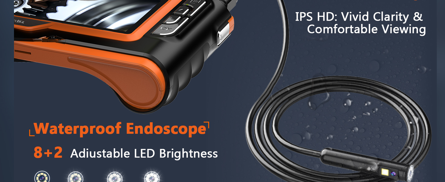 Text reads 'IPS HD Vivid Clarity &amp; Comfortable Viewing', 'Waterproof Endoscope', '8+2 Adjustable LED Brightness'. Technical product interface displays.