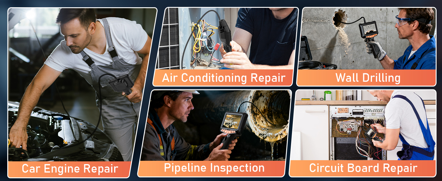 Sequence of service-related images showing technical repair or maintenance procedures, presented in a horizontal strip format with orange-bordered panels.