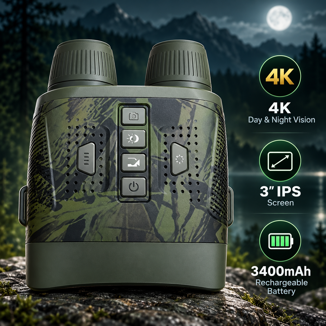 4K Night Vision Binoculars with 3" IPS Screen, 3400mAh Rechargeable Battery, 10X Zoom for Day & Night Viewing – SD Card Not Included