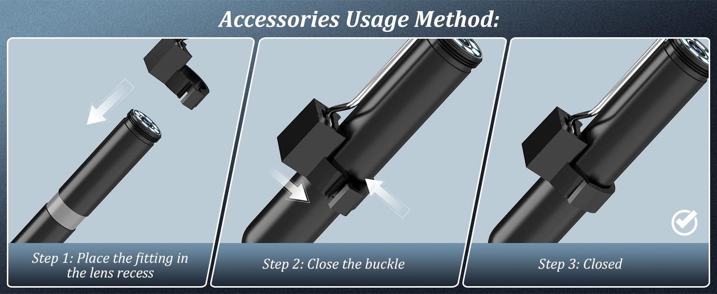 Three-step usage instructions for a cylindrical accessory. Steps show inserting, closing, and final closed position of the device with locking mechanism.