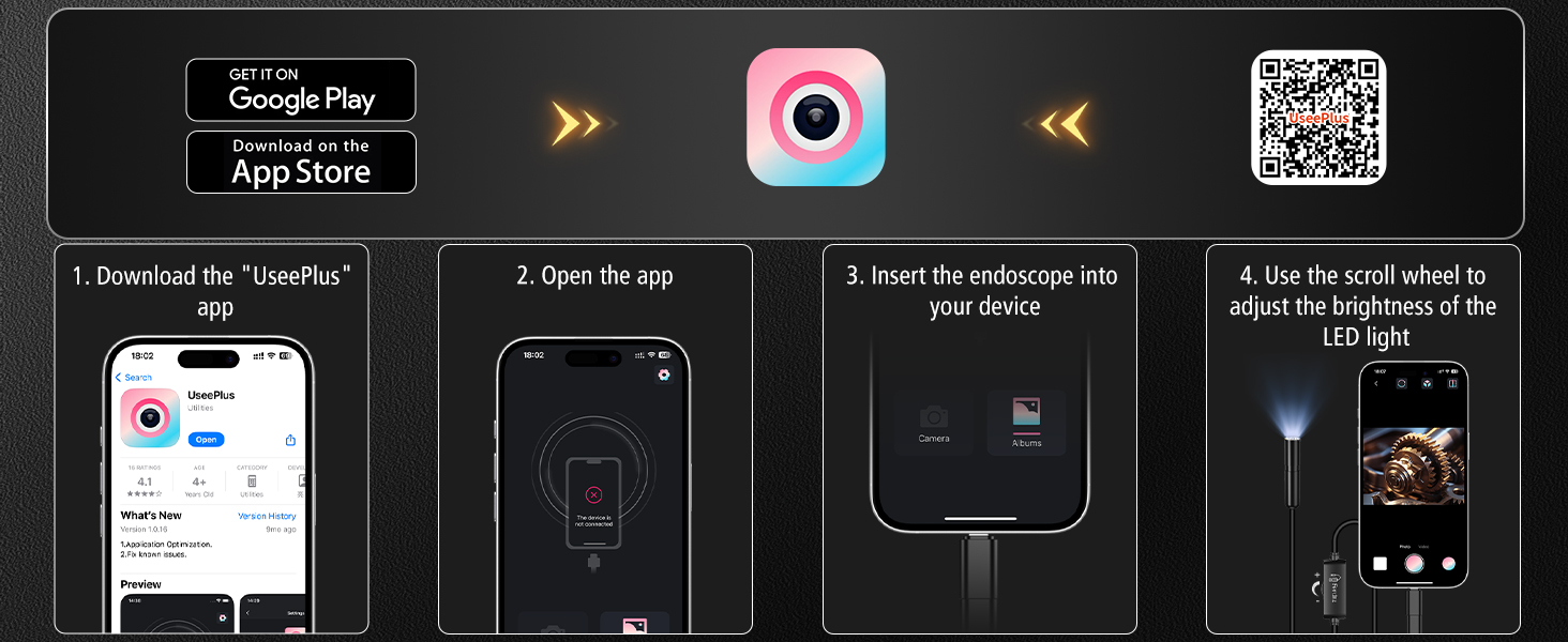 App installation guide showing four steps: downloading the app, opening it, inserting the endoscope, and using a scroll wheel to adjust LED brightness on a smartphone.