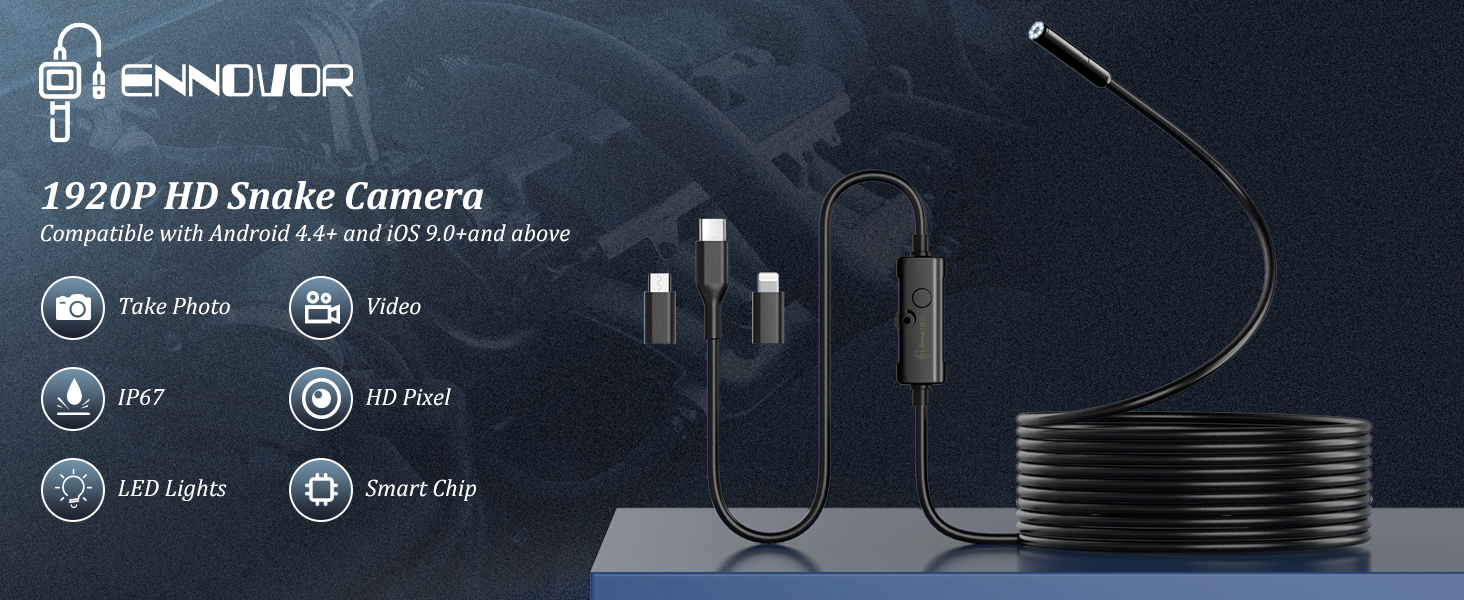 HD snake camera product display showing technical specifications including IP67 rating, LED lights, and smart clip features with camera unit and cable.