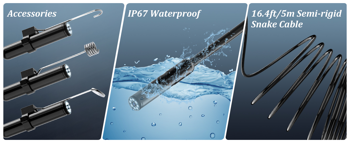 Waterproof IP67-rated snake cable system showing three black mounting accessories, water resistance demonstration, and 5m semi-rigid cable configuration.