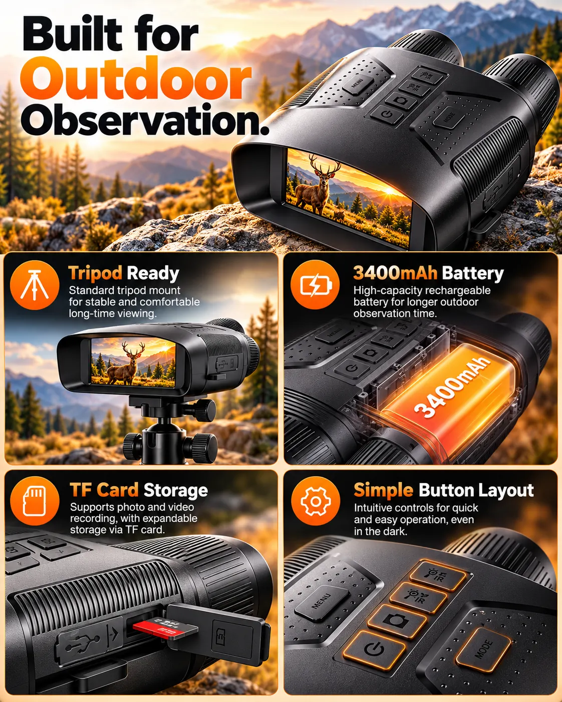 4K Night Vision Binoculars with 3" IPS Screen, 3400mAh Rechargeable Battery, 10X Zoom for Day & Night Viewing – SD Card Not Included