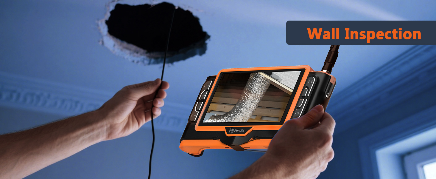 Text reads 'Wall Inspection'. Series of images showing handheld orange inspection device being used against blue-tinted surfaces.