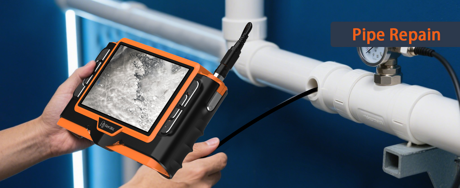 Text reads 'Pipe Repair'. Orange and white industrial device with digital display screen being operated by gloved hands, appears to be pipe inspection equipment.