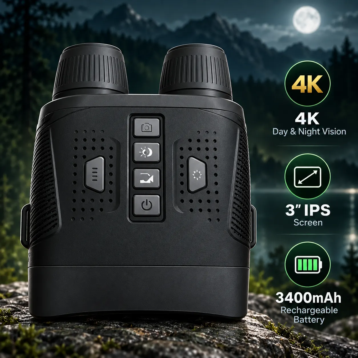 4K Night Vision Binoculars with 3" IPS Screen, 3400mAh Rechargeable Battery, 10X Zoom for Day & Night Viewing – SD Card Not Included