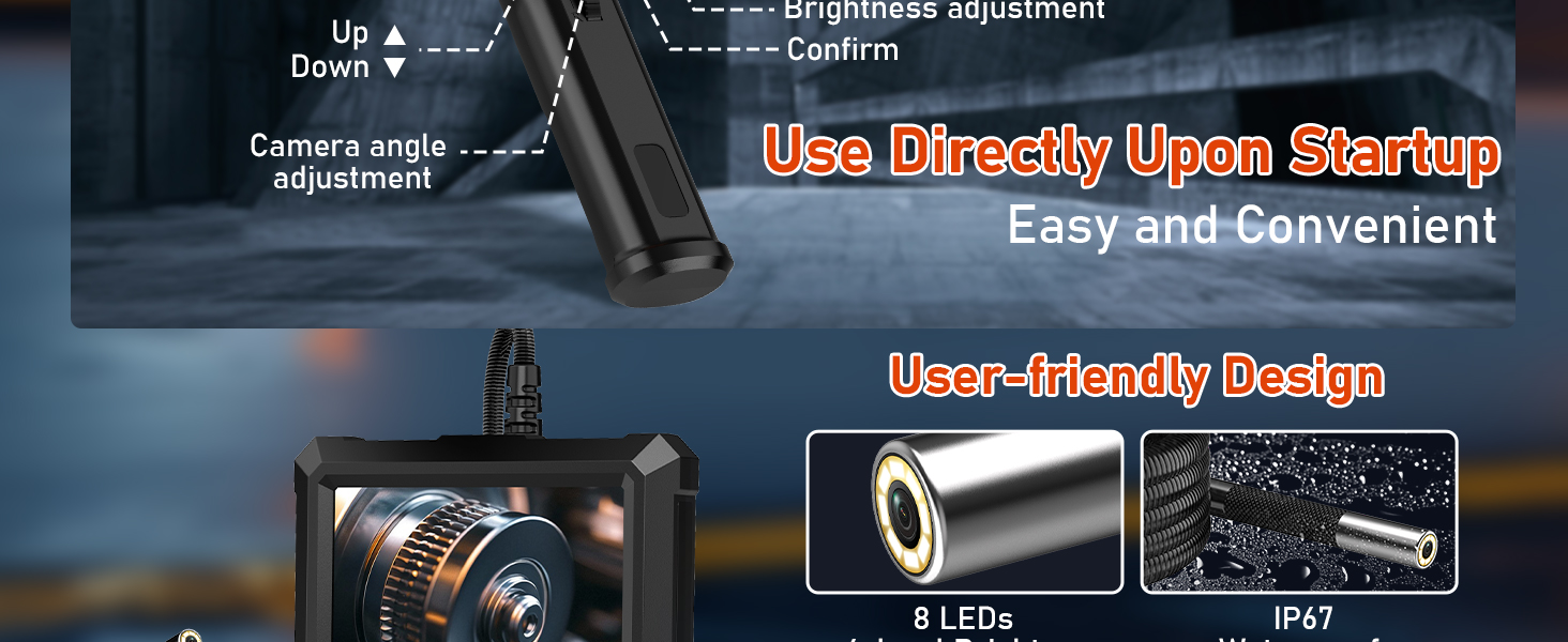 Text reads 'Use directly Upon Startup', 'Easy and Convenient', 'User-friendly Design'. Multiple technical interface or camera setup screens shown against dark background.