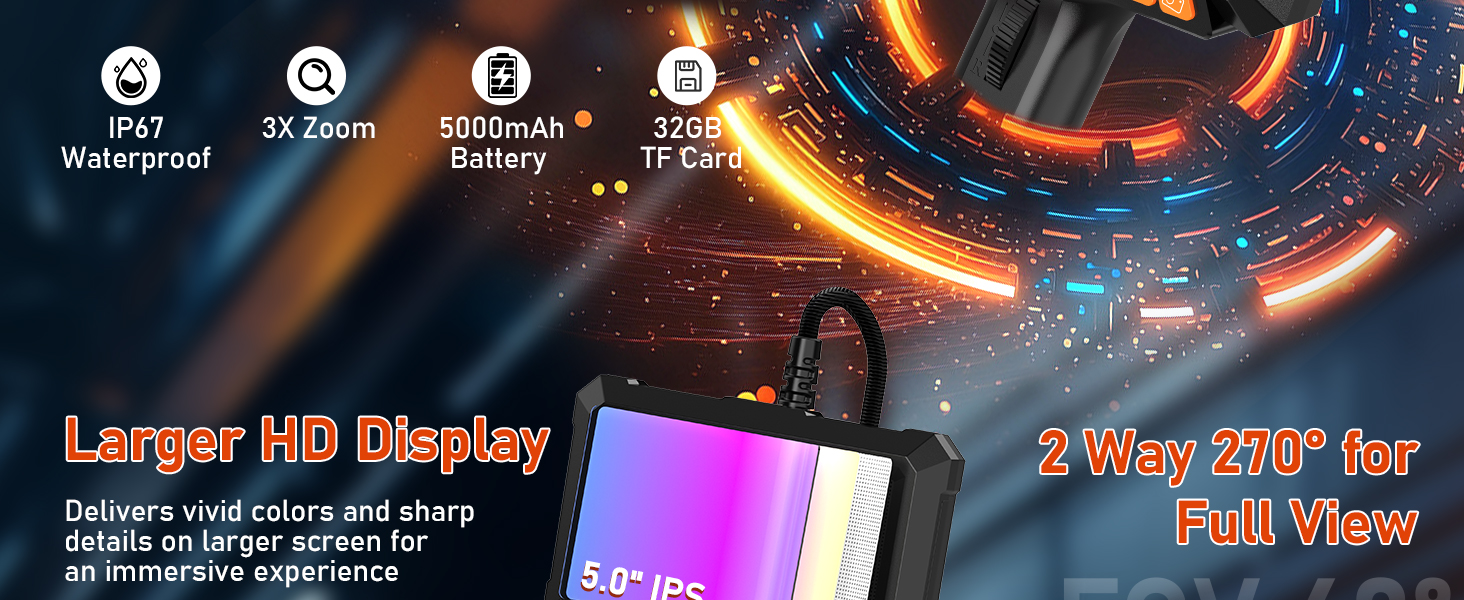 Text reads 'Larger HD Display' and 'Full View'. Gaming or entertainment device interface showing illuminated display screens with colorful graphics.