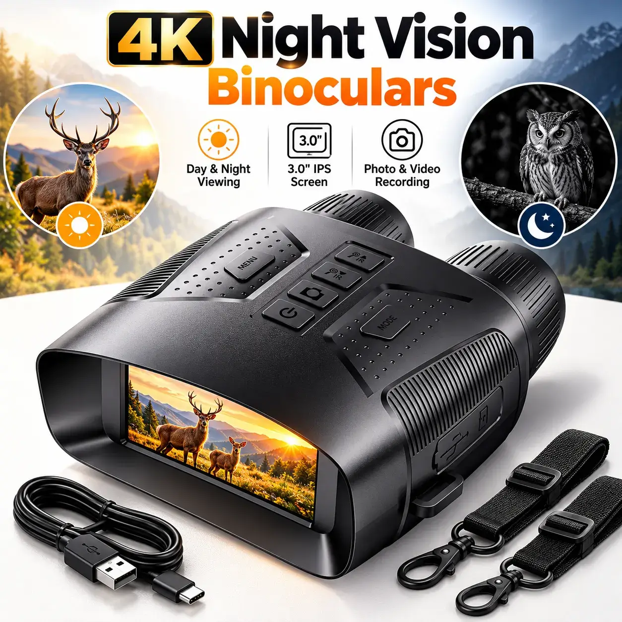 4K Night Vision Binoculars with 3" IPS Screen, 3400mAh Rechargeable Battery, 10X Zoom for Day & Night Viewing – SD Card Not Included