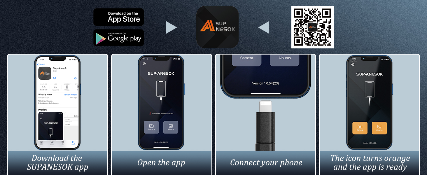 Mobile app interface tutorial showing four steps: downloading app, opening app, connecting phone, and setup completion. Includes QR code and app store buttons.