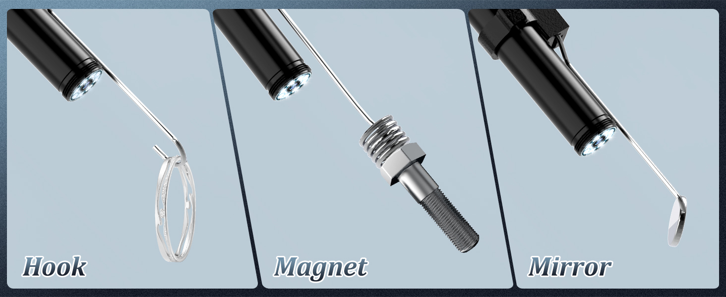Three specialized tool attachments displayed side by side: a hook attachment, a magnet attachment, and a mirror attachment, each with black handles.