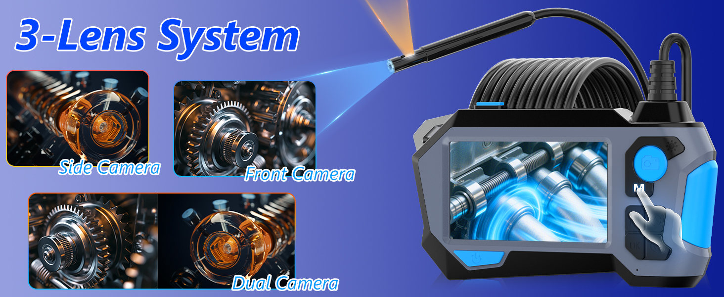 Technical diagram showcasing a 3-lens optical system with blue background and multiple viewing angles of lens configuration.