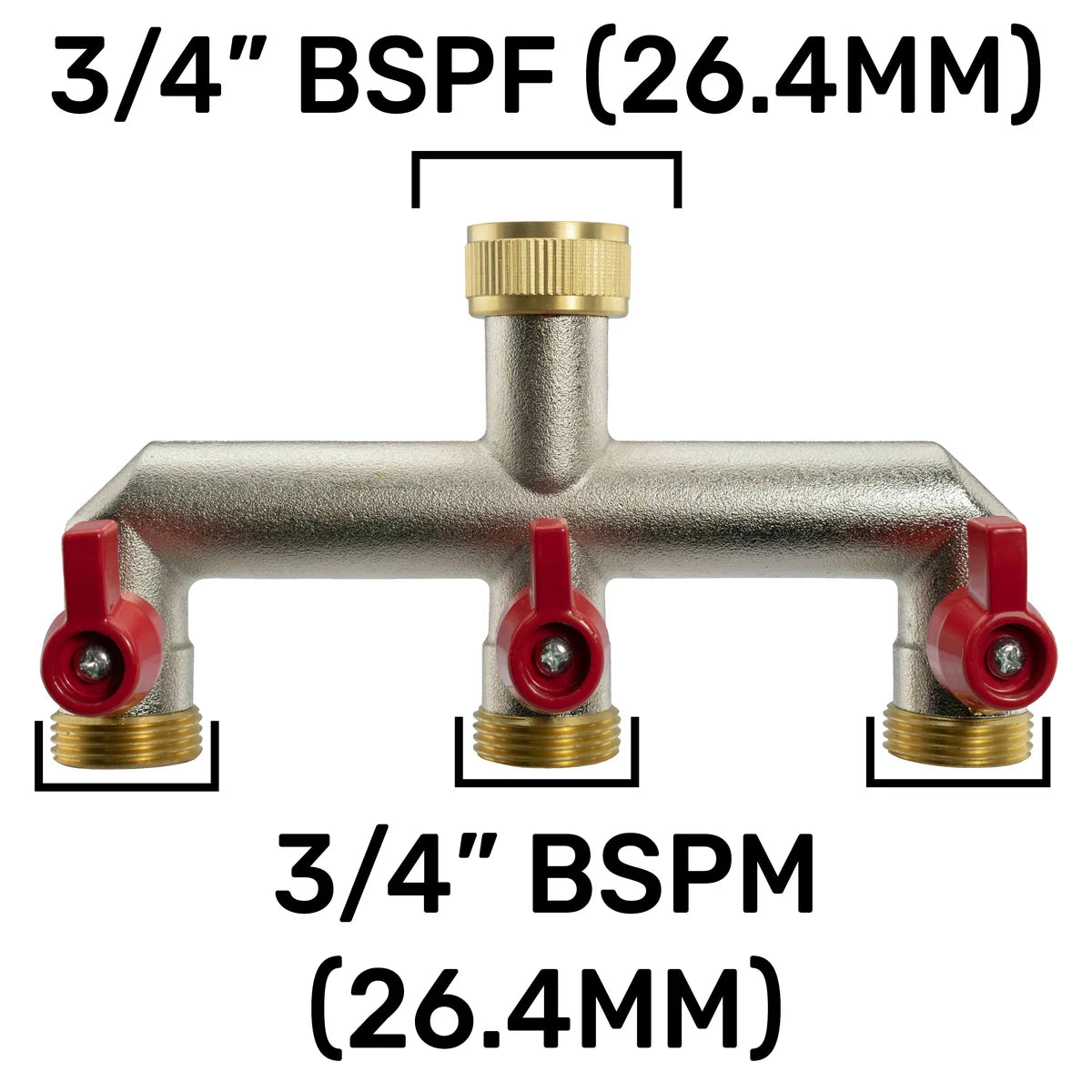 Three Way Tap Splitter Brass 3/4" BSP with Quick Connect and Hose Fittings-Bathhkroom