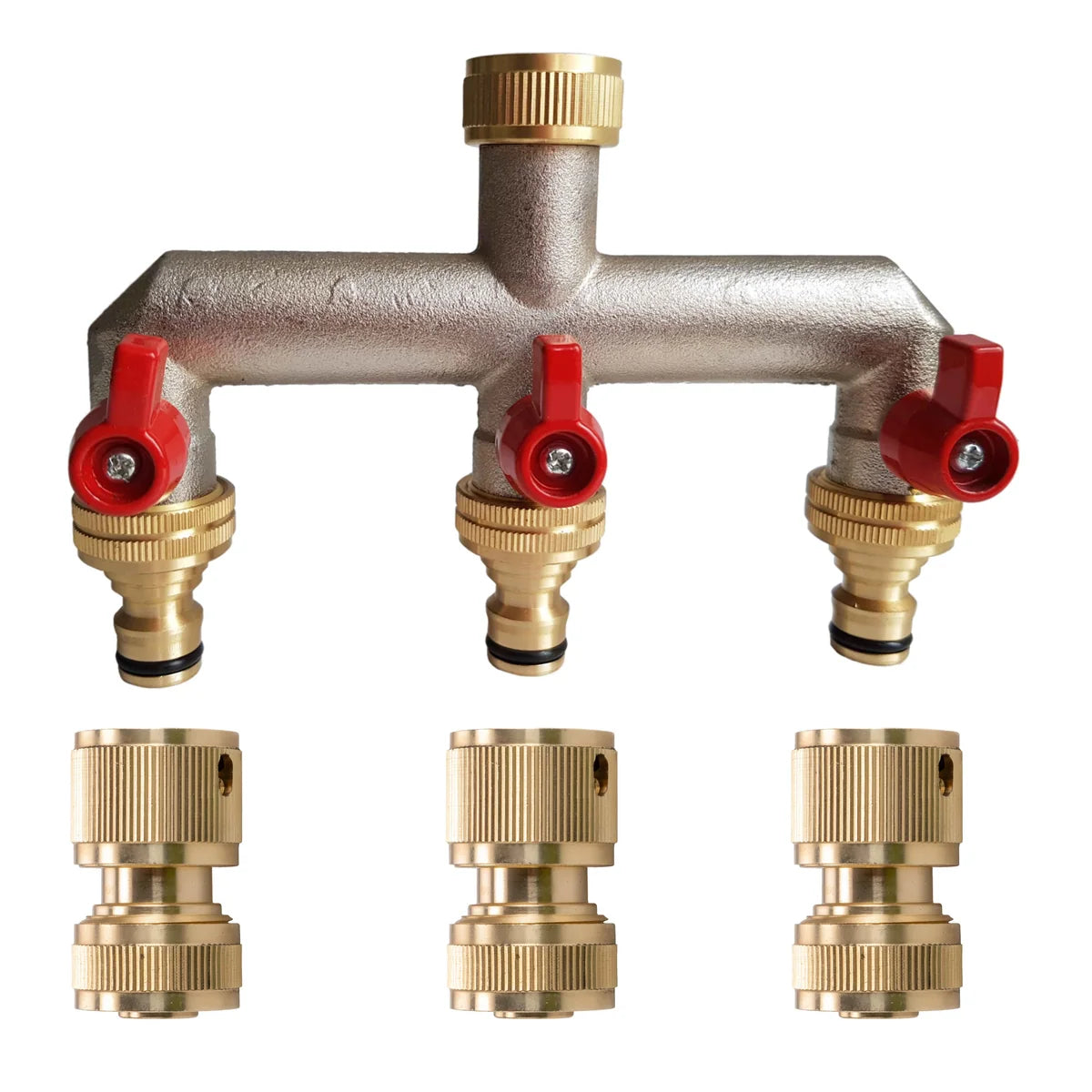 Three Way Tap Splitter Brass 3/4" BSP with Quick Connect and Hose Fittings-Bathhkroom