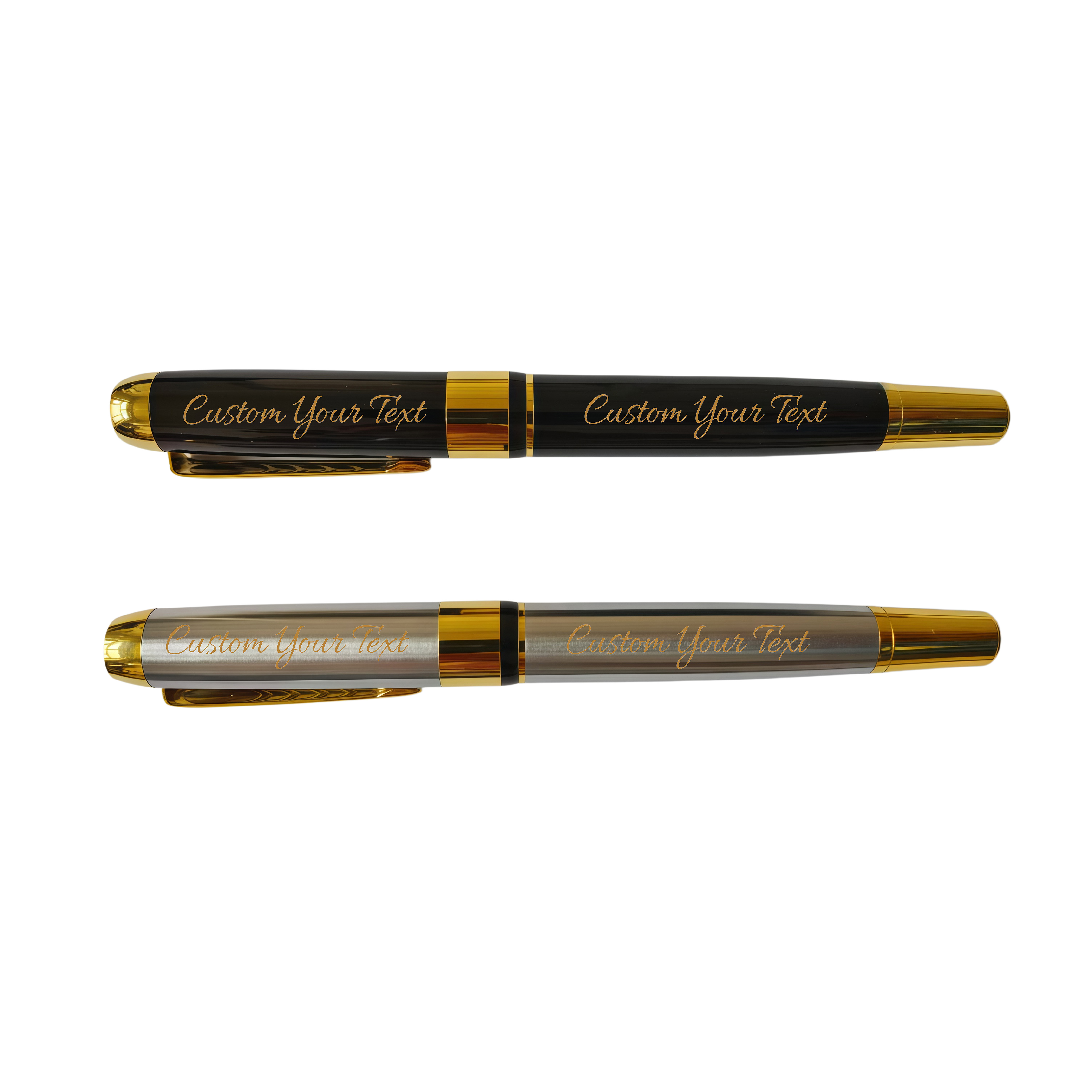 Personalized Engraved Fountain Pen with Gift Box, Custom Text, Gold Accents, Silver and Black, 5.5 Inch（nib 0.5mm）