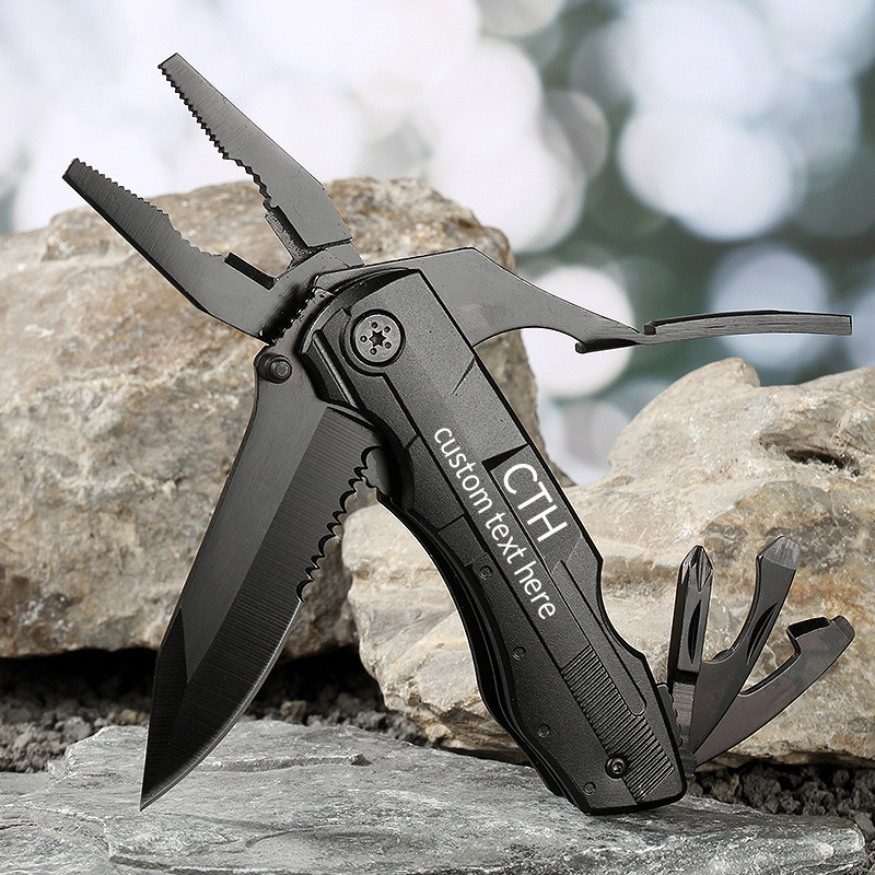 Personalized Multitool Knife w/Engraved Name in 20 Fonts, 9 In 1 Multi Tool Plier Knife with Pliers, Screwdriver Set & Belt Case, Camping & Fishing Gifts for Him, Christmas Gifts for Men