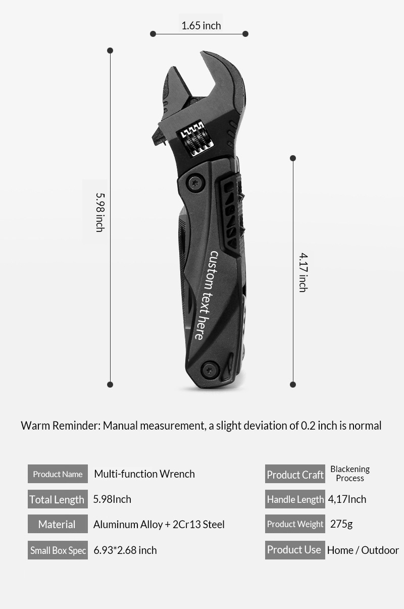 Hanboost Multitool Wrench Wide Jaw Opening Cmaping Gear, Gift for Him and Her, 12 in 1 Multi Purpose Pocket Size EDC Gadget With Screwdriver Cutting Saw Bottle Opener for Maintenance, Camping and DIY