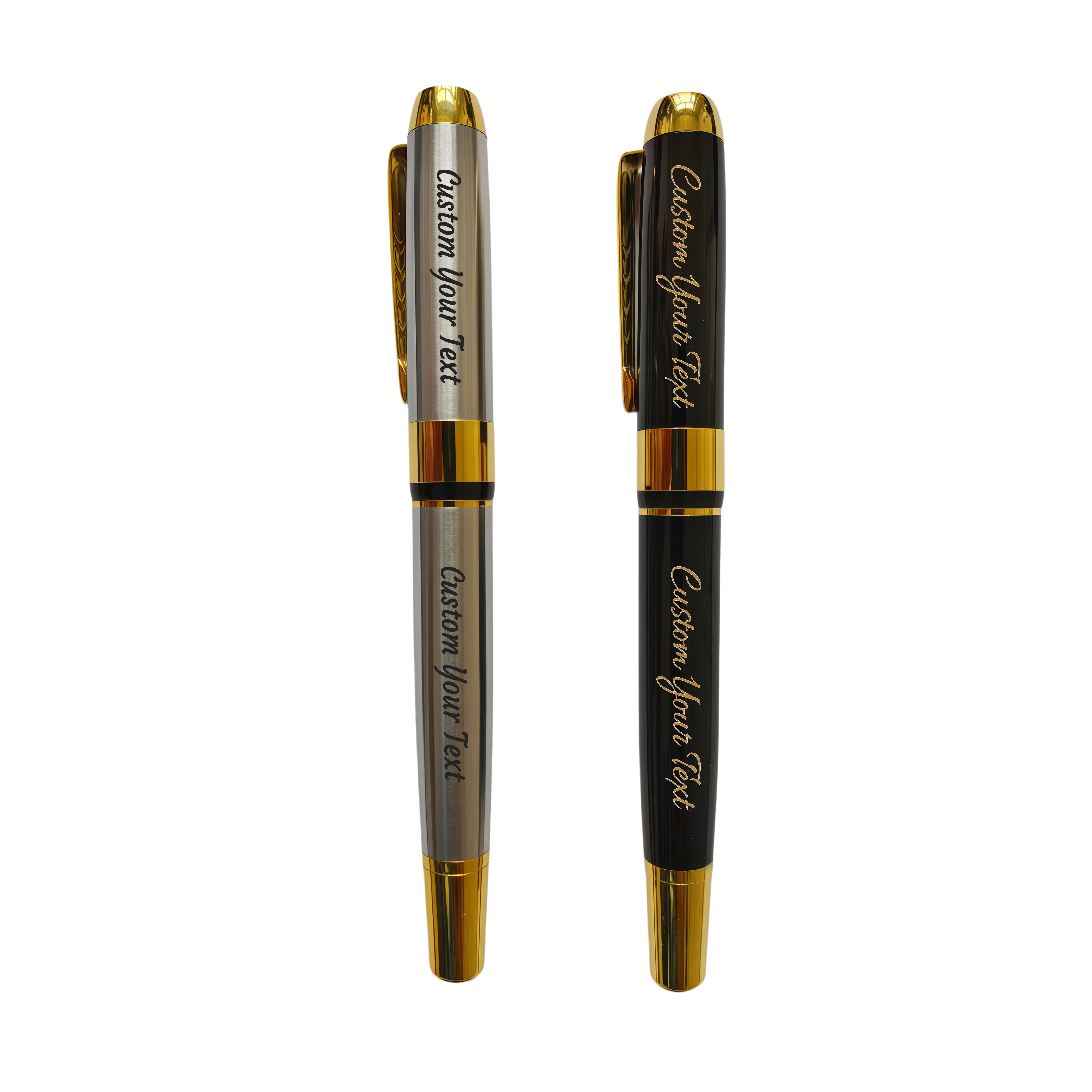 Personalized Engraved Fountain Pen with Gift Box, Custom Text, Gold Accents, Silver and Black, 5.5 Inch（nib 0.5mm）