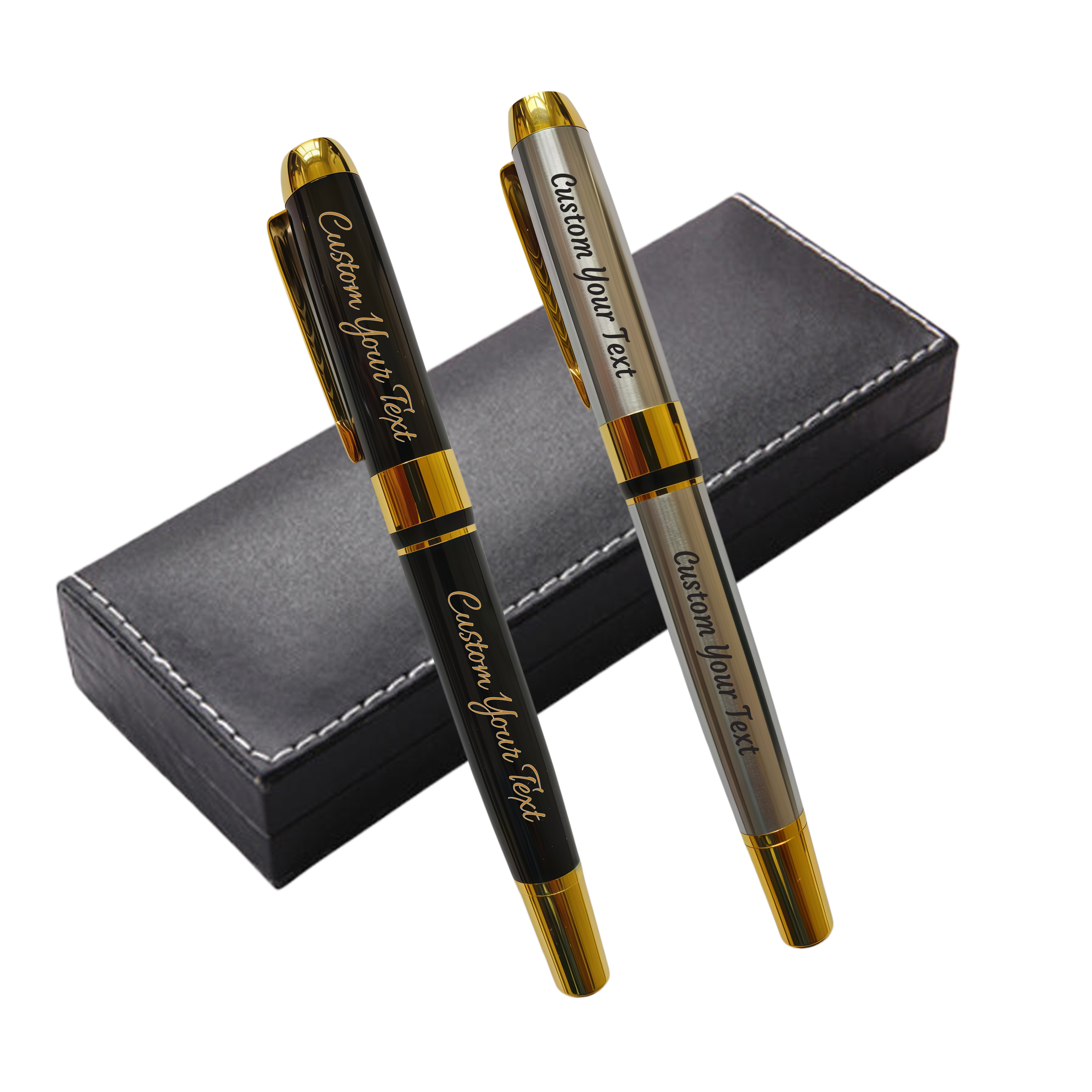 Personalized Engraved Fountain Pen with Gift Box, Custom Text, Gold Accents, Silver and Black, 5.5 Inch（nib 0.5mm）