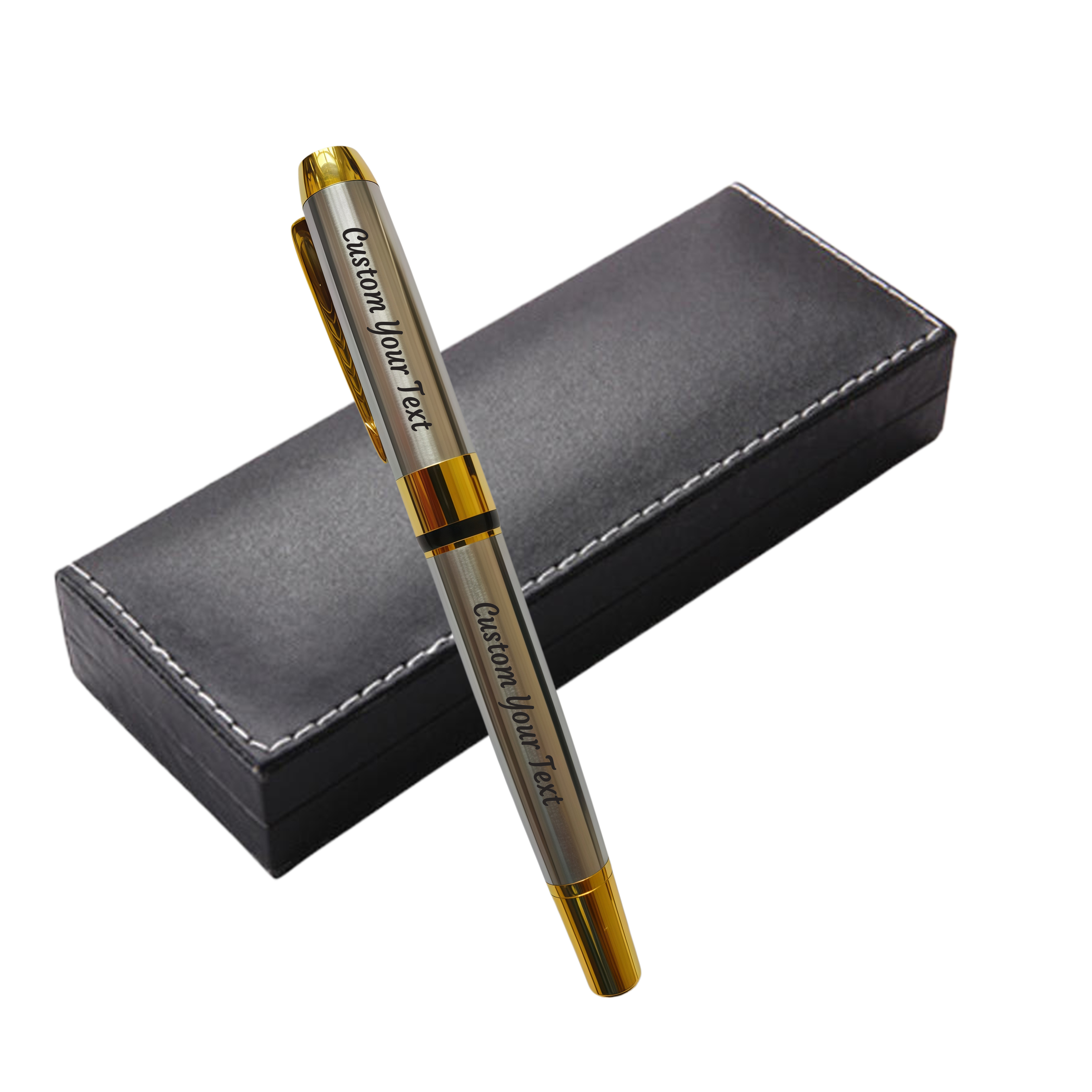 Personalized Engraved Fountain Pen with Gift Box, Custom Text, Gold Accents, Silver and Black, 5.5 Inch（nib 0.5mm）