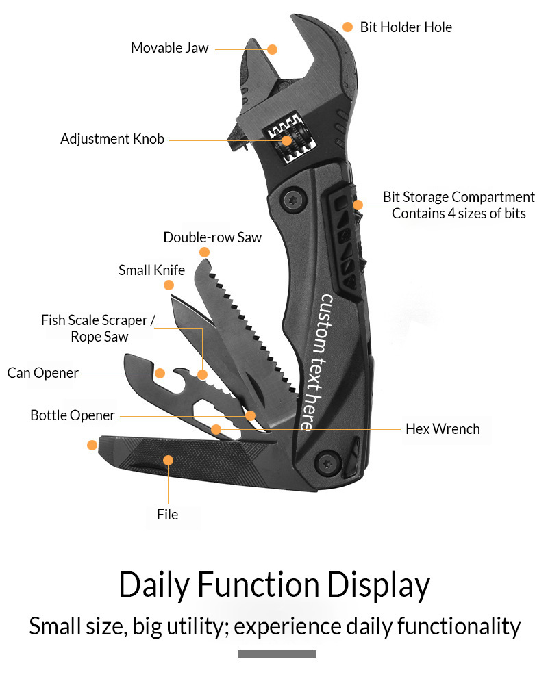 Hanboost Multitool Wrench Wide Jaw Opening Cmaping Gear, Gift for Him and Her, 12 in 1 Multi Purpose Pocket Size EDC Gadget With Screwdriver Cutting Saw Bottle Opener for Maintenance, Camping and DIY