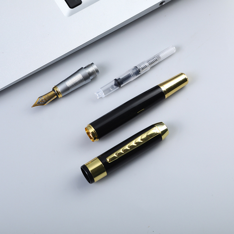 Personalized Engraved Fountain Pen with Gift Box, Custom Text, Gold Accents, Silver and Black, 5.5 Inch（nib 0.5mm）