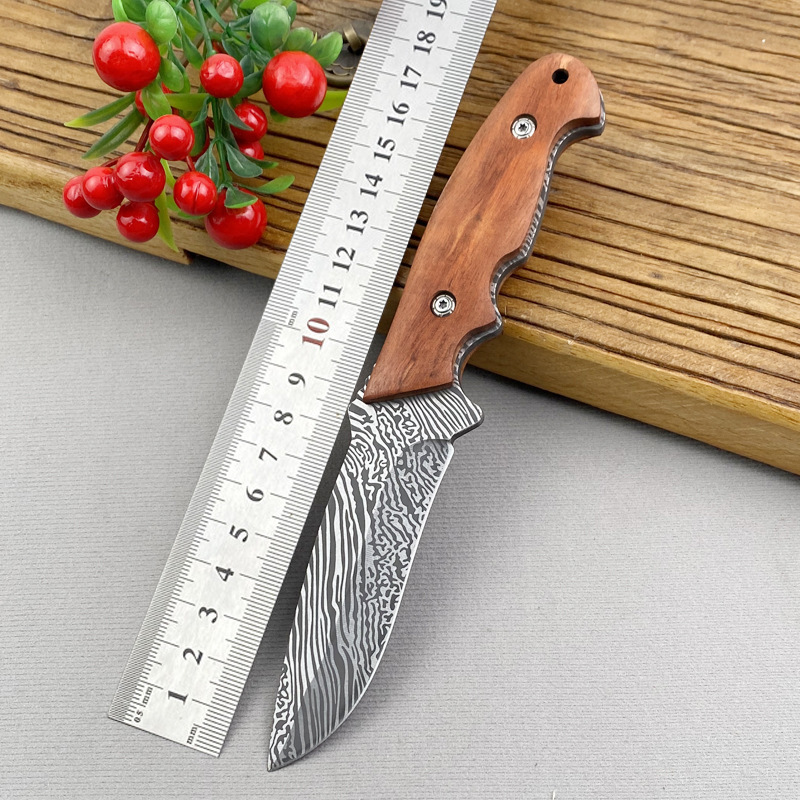 Handmade Damascus Hunting Knife with Leather Sheath – EDC Fixed Blade Bushcraft Tool with Wood Handle – 8” Skinning Blade for Hunting, Skinning, Camping, and Outdoor Use