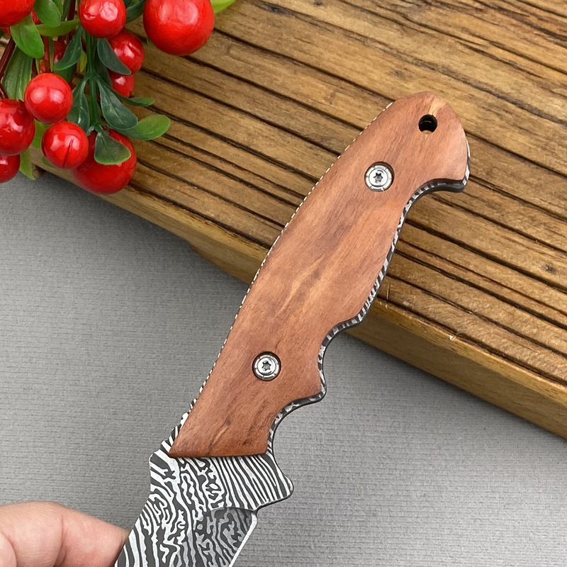 Handmade Damascus Hunting Knife with Leather Sheath – EDC Fixed Blade Bushcraft Tool with Wood Handle – 8” Skinning Blade for Hunting, Skinning, Camping, and Outdoor Use