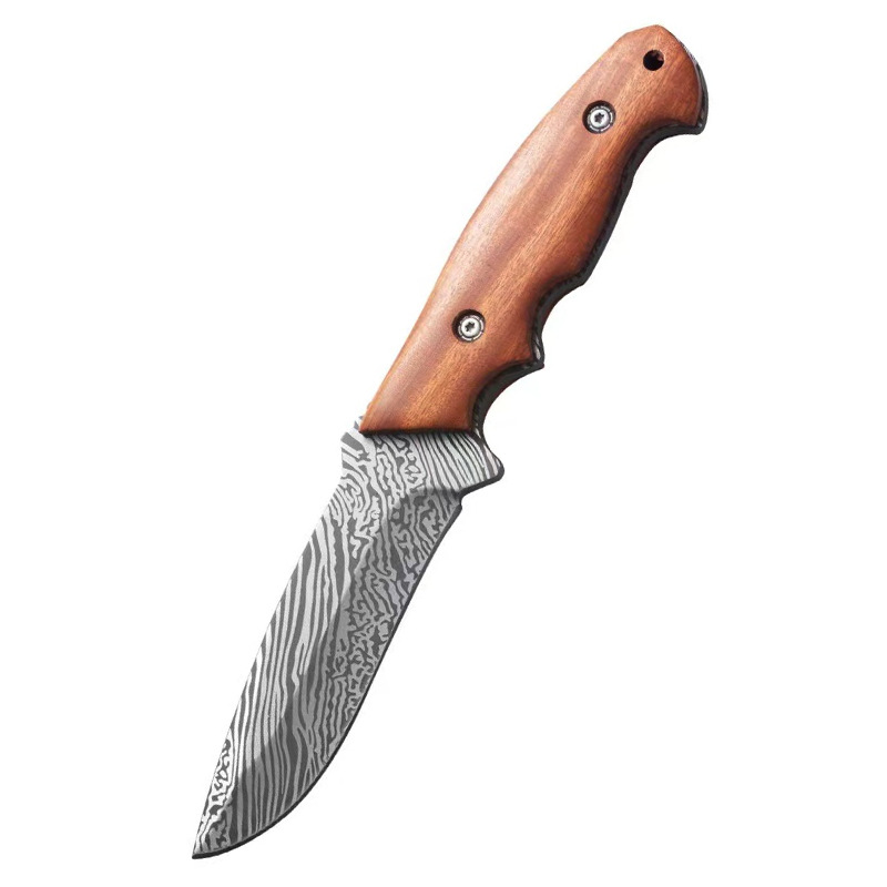 Handmade Damascus Hunting Knife with Leather Sheath – EDC Fixed Blade Bushcraft Tool with Wood Handle – 8” Skinning Blade for Hunting, Skinning, Camping, and Outdoor Use