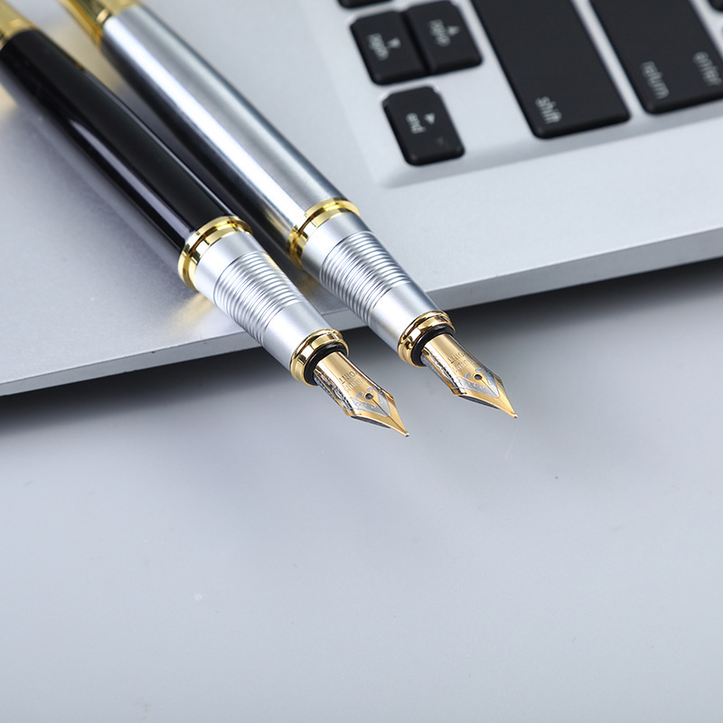 Personalized Engraved Fountain Pen with Gift Box, Custom Text, Gold Accents, Silver and Black, 5.5 Inch（nib 0.5mm）