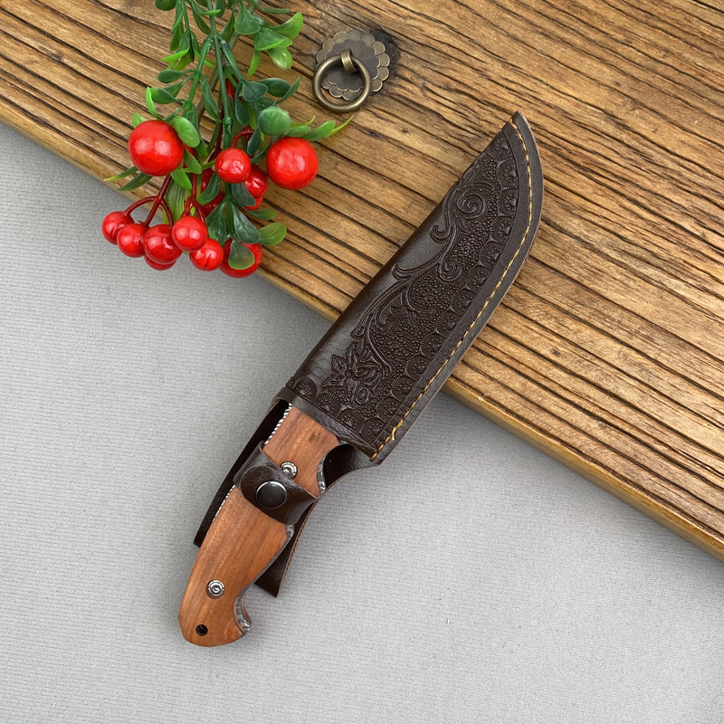Handmade Damascus Hunting Knife with Leather Sheath – EDC Fixed Blade Bushcraft Tool with Wood Handle – 8” Skinning Blade for Hunting, Skinning, Camping, and Outdoor Use