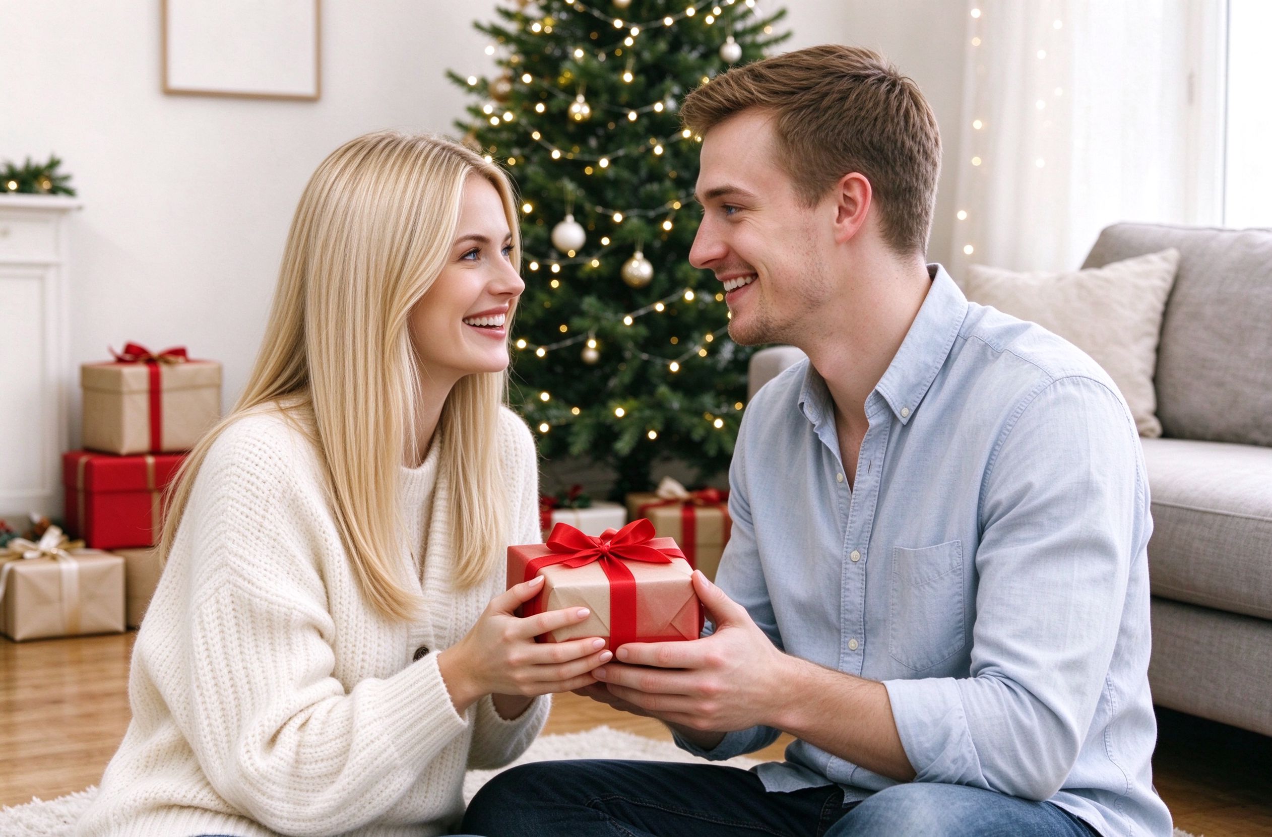 Couple exchanging a personalized gift at Christmas