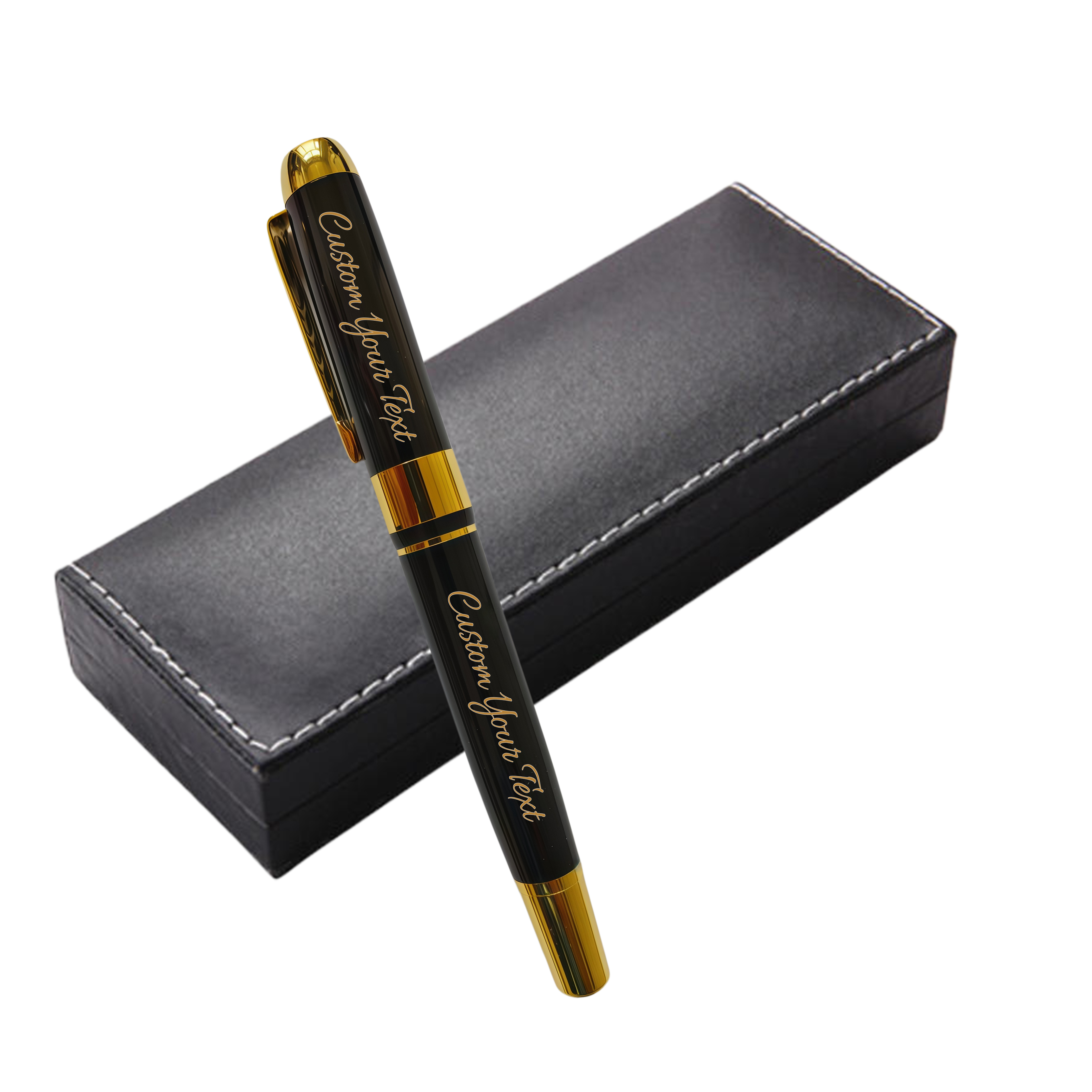 Personalized Engraved Fountain Pen with Gift Box, Custom Text, Gold Accents, Silver and Black, 5.5 Inch（nib 0.5mm）
