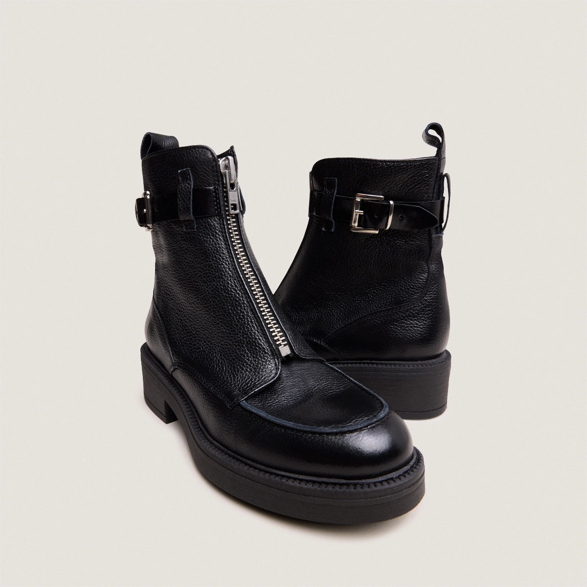 Bianca - Boots à fermetures éclairs en cuir grainé et cuir noirs 
