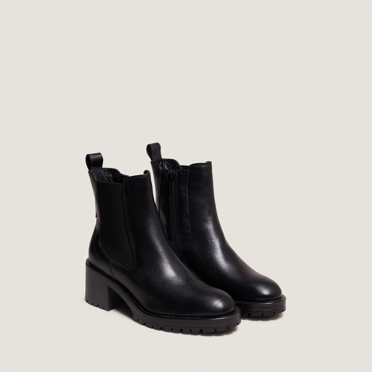 Luna - Boots à larges élastiques en cuir grainé noir