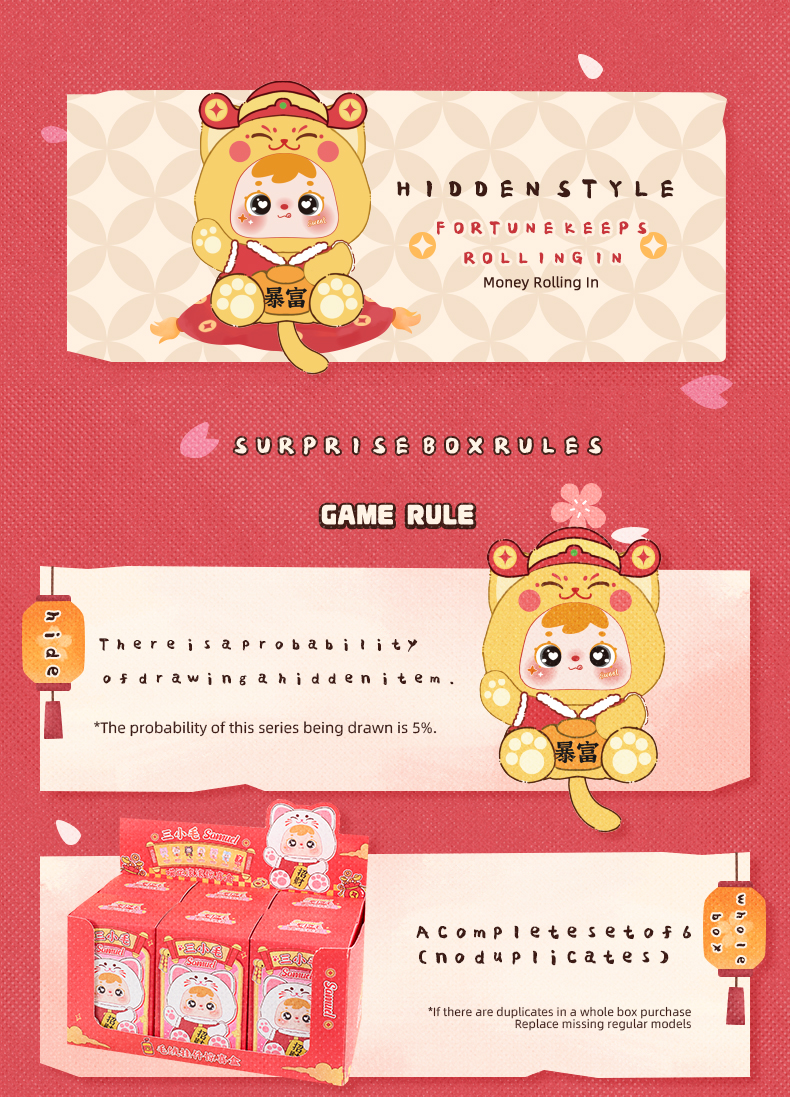 Samuel Three Little Hair Fortune Cat Plush Blind Box, Lucky Cat Keychain Pendant Collectible Doll