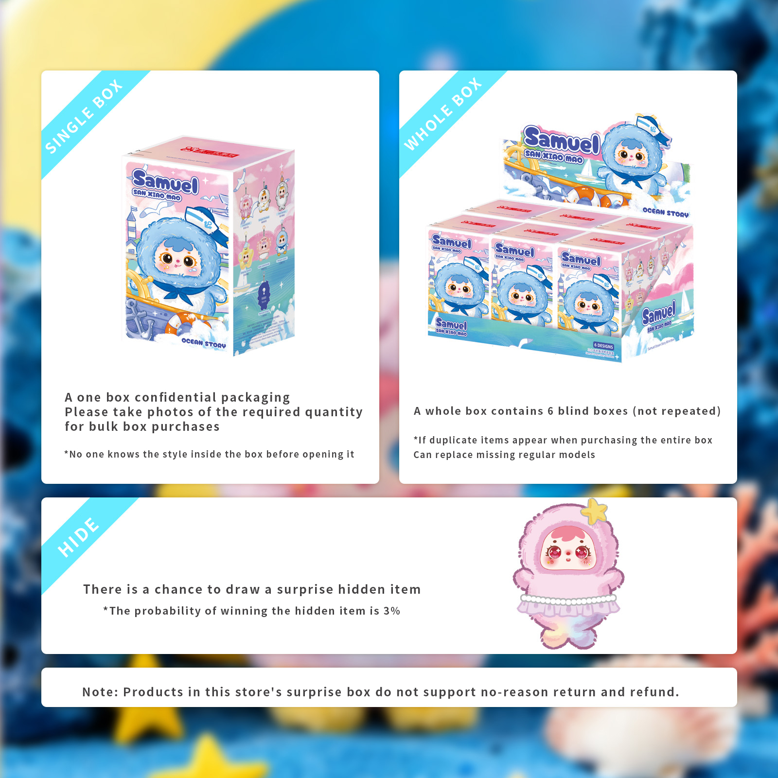 Samuel Plush Pendant Blind Box MR5028, Cute Collectible Doll Keychain with 3% Rare Hidden Variant, Ocean Story Series