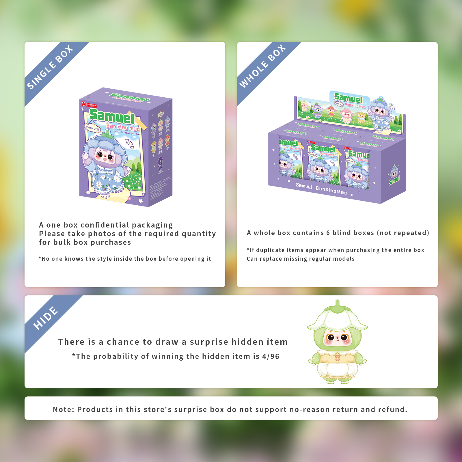 Samuel Flower Shadow and Flowing Light Plush Blind Box, Interchangeable Face Shell Rotatable Eyeball Collectible Doll