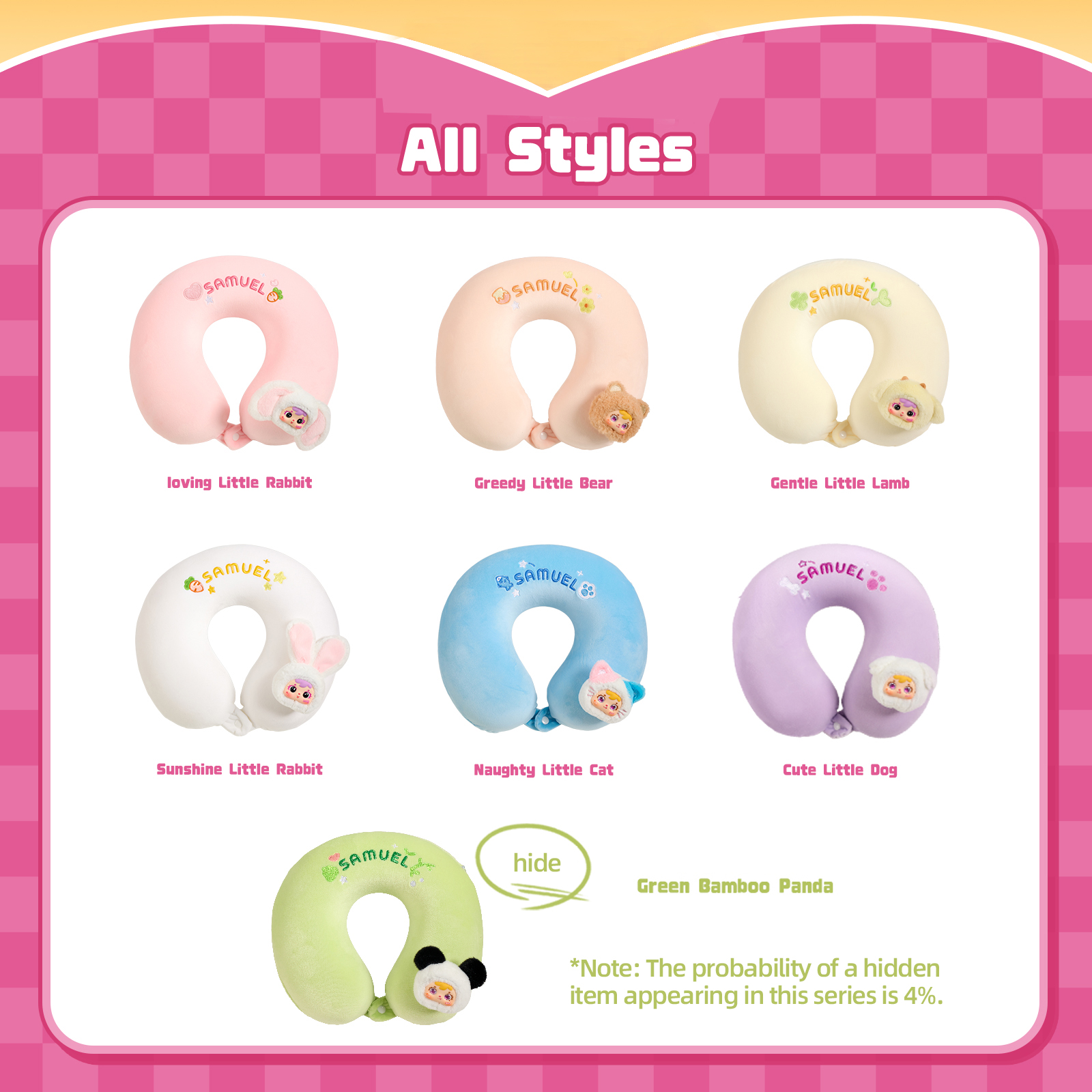 Samuel U‑shaped Pillow Blind Box MR5017, Cute Memory Foam Travel Neck Pillow with 4% Rare Green Bamboo Panda Hidden Variant