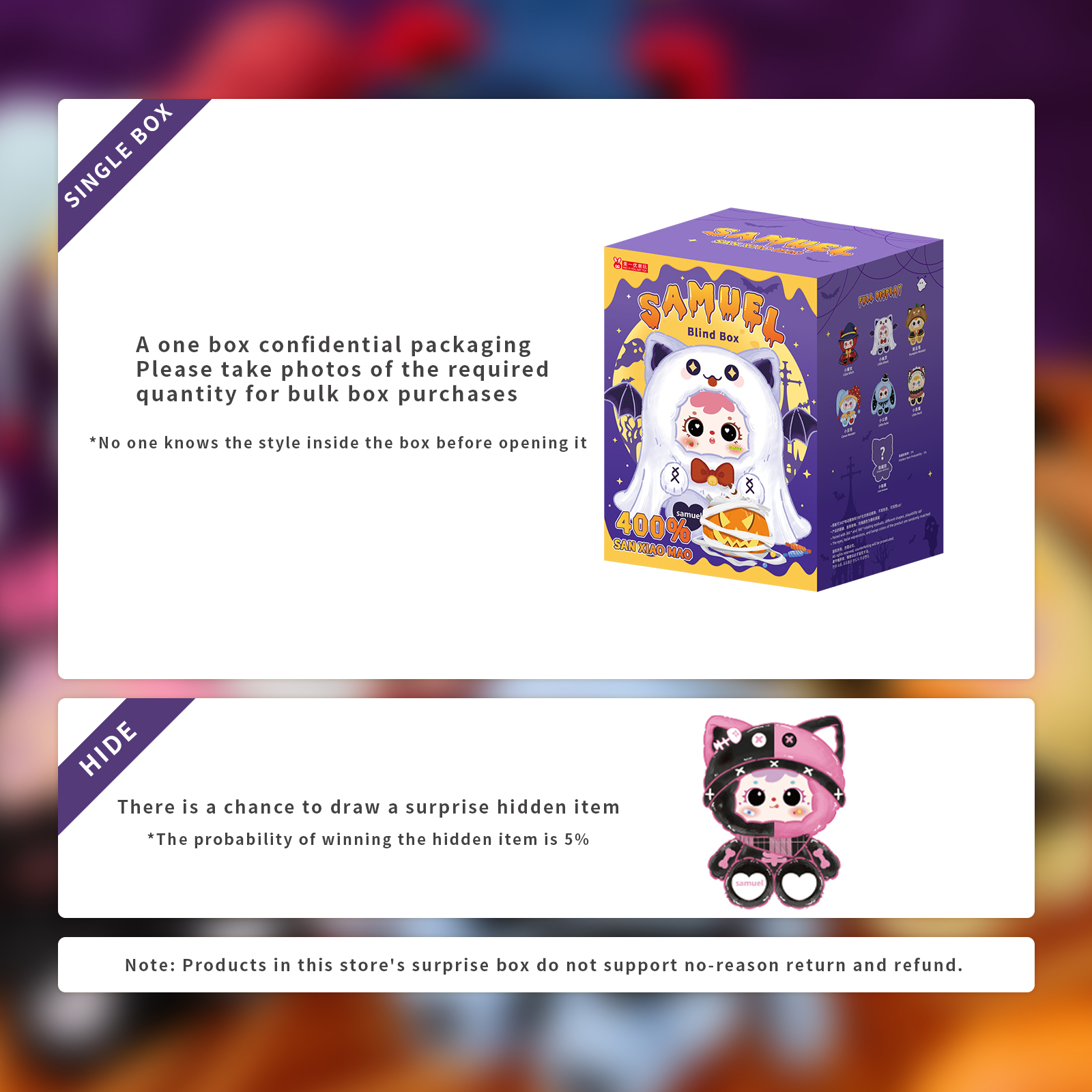 Samuel Troublemaker Diary 400% Plush Blind Box, Halloween Themed Collectible Vinyl Plush Doll