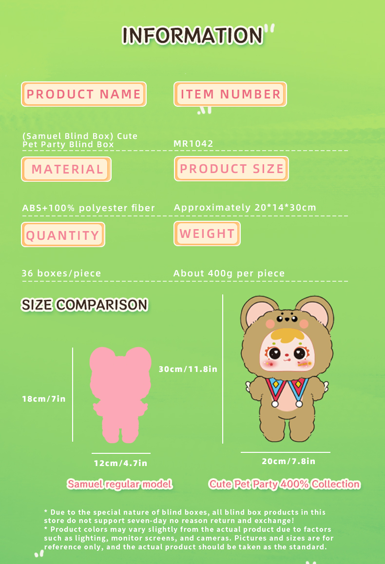 Samuel 400% Cute Pet Party Plush Blind Box, Collectible Vinyl Doll with 360° Rotatable Eyeballs