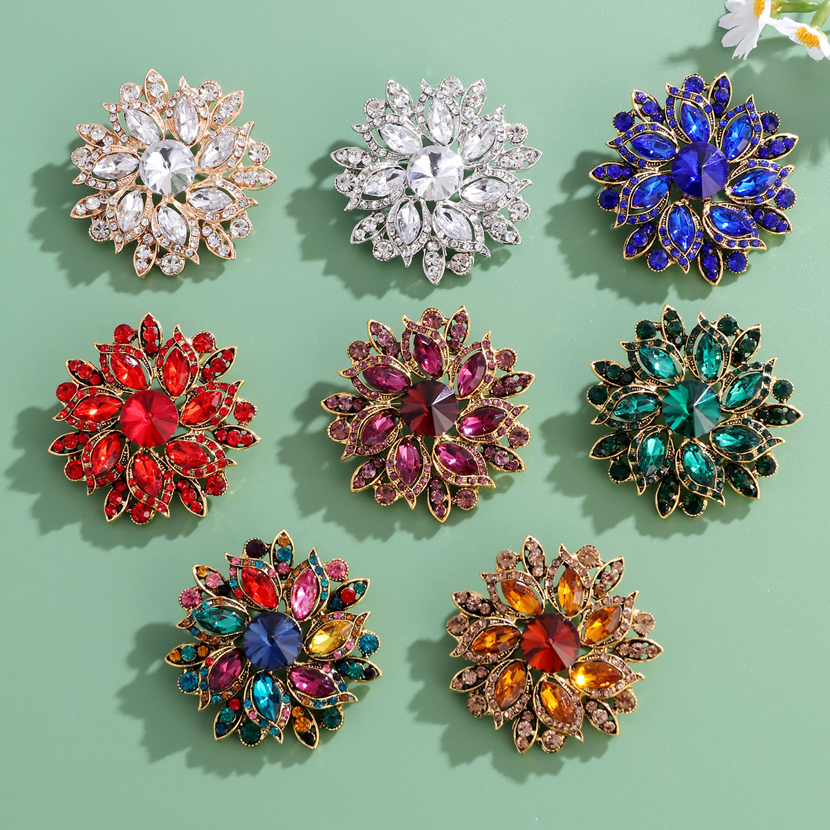 Wholesale Crystal Flower Brooch, Multi-color Rhinestone Lapel Pin Jewelry