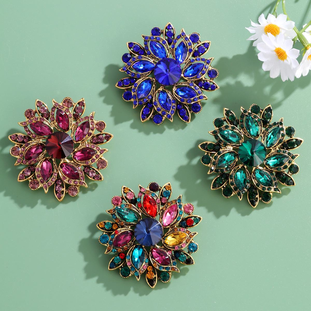Wholesale Crystal Flower Brooch, Multi-color Rhinestone Lapel Pin Jewelry