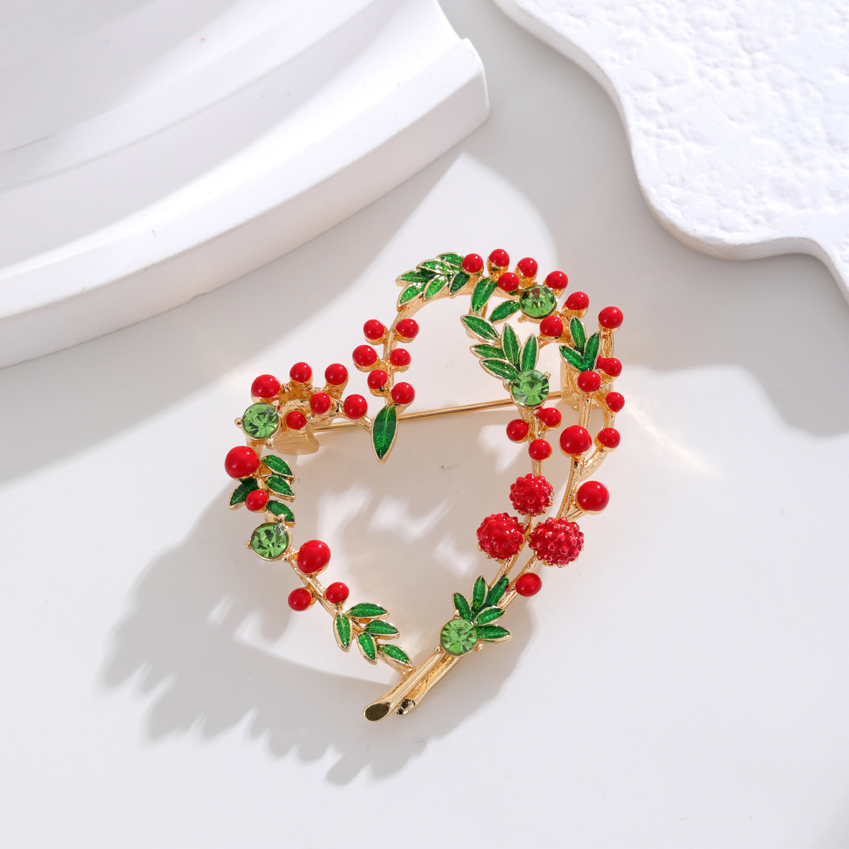 Wholesale Heart Mimosa Berry Brooch, Enamel Floral Lapel Pin for Women